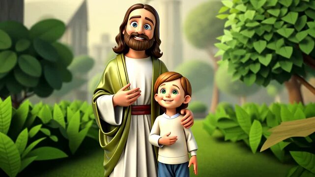3D cartoon of Jesus Christ next to a child in a garden 4K