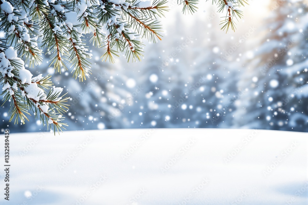 Poster snow-covered pine branches with soft sunlight on a winter background.