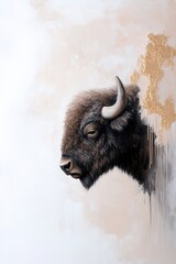 This structural acrylic painting features a bison with thick textured fur, emphasizing earthy tones against a moody background of charcoal and ochre, capturing a raw, wild energy