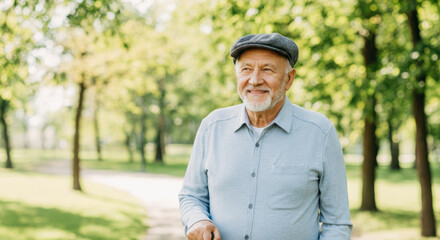 Obraz premium Elderly caucasian male enjoying a walk in the park on a sunny day