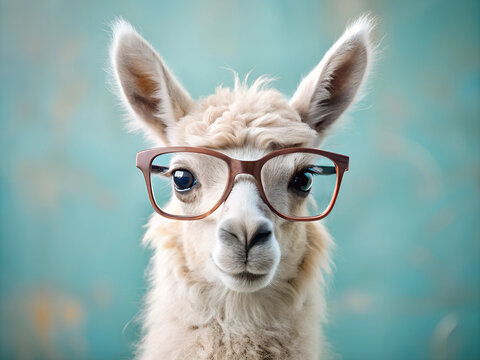 Adorable llama face wearing glasses baby shower and looking at camera.