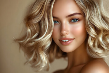Fototapeta premium Beautiful blonde model girl with medium length curly hair . Smiling woman hairstyle wavy curls . Hair coloring balayage and shatush.Hair care and hair coloring. Fashion , beauty and makeup .