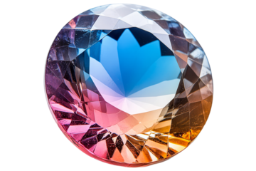Crystal gemstone round, faceted jewel with color gradient, cut out transparent