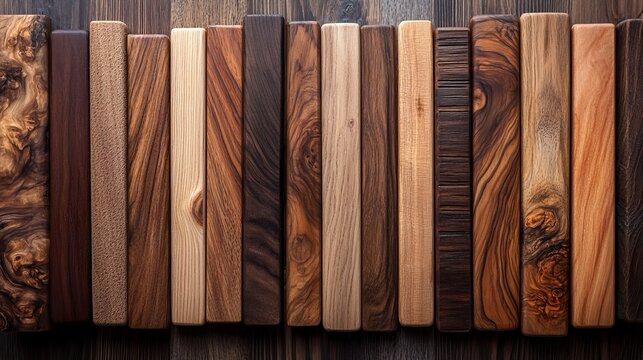 Selection of natural wooden planks with unique textures and colors arranged in parallel lines for carpentry and woodworking inspiration