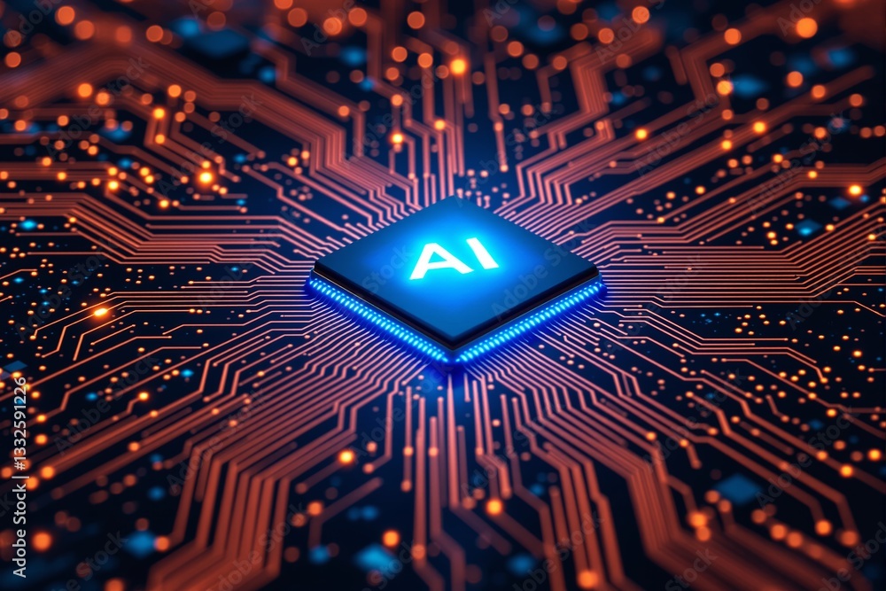 Poster ai chip on circuit board background.