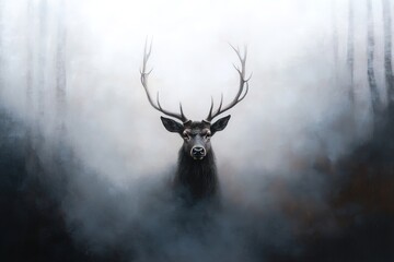 A majestic stag stands poised as it emerges from a dark, misty forest, its intricate horns blending into an abstract swirl of colors. The painting conveys a surreal, atmospheric wilderness
