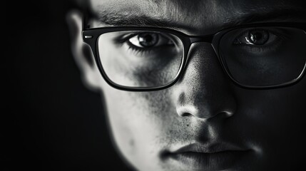 A close-up portrait of an intense man with glasses, captured in black and white, exuding confidence against the dark background. 