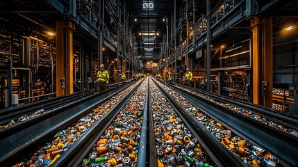 Obraz premium Recycling plant conveyor belt full of cans and bottles