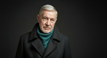 Obraz premium Elderly caucasian male in coat with gray hair and beard on dark background