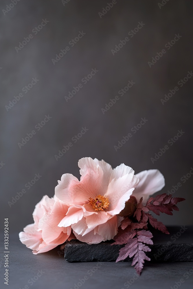 Aufkleber soft light highlights the delicate textures of deep pink and red peonies arranged on a dark backdrop
