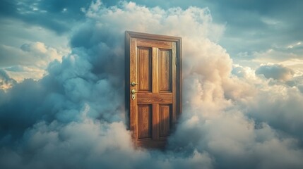 door in the middle of clouds in the sky