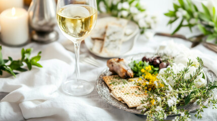 Passover meal with roasted lamb, wine glass, and matzah on table