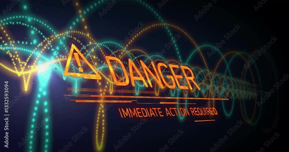 Poster immediate action required warning with glowing wave patterns in animation style