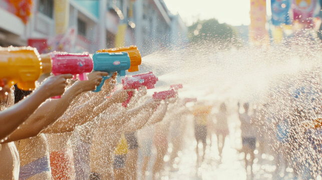 Thai Children celebrating Songkran festival with water fights on street