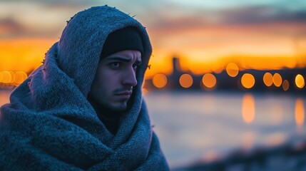 Wrapped in a cozy blanket, the man sits quietly, embracing warmth and comfort against the chilly evening air.