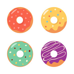 Set of colorful donuts with icing and sprinkles isolated on white background. Desserts, sweet food. Perfect for cafe decoration or menu design. Vector illustration