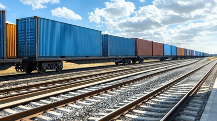Fototapeta premium Freight train transporting cargo containers railway station industrial photography open landscape wide-angle view logistics and transportation concept