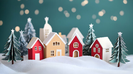 Fototapeta premium Paper-Cut Christmas Village with Cozy Houses and Pine Trees