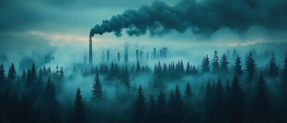 A dramatic image of a smokestack emitting smoke in a dark, foggy forest, illustrating pollution