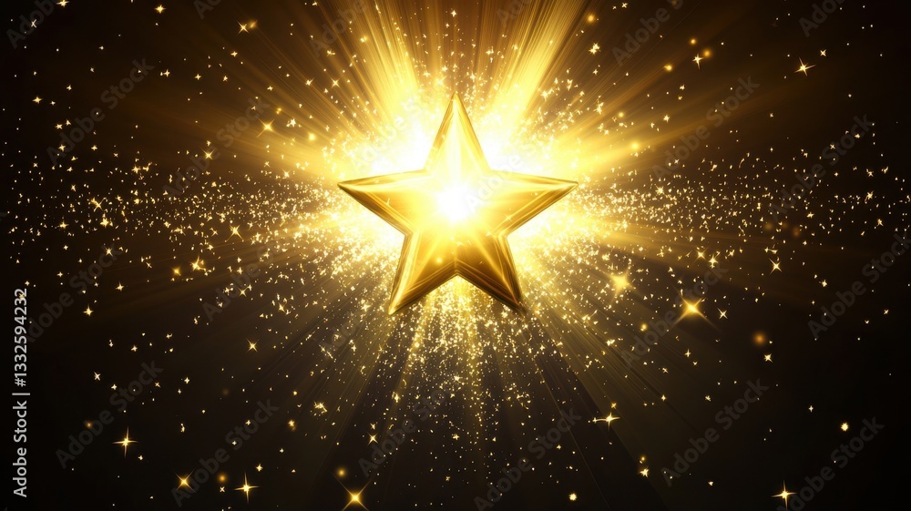 Poster golden star illuminates a black background with sparkling light rays and shimmering particles in a c
