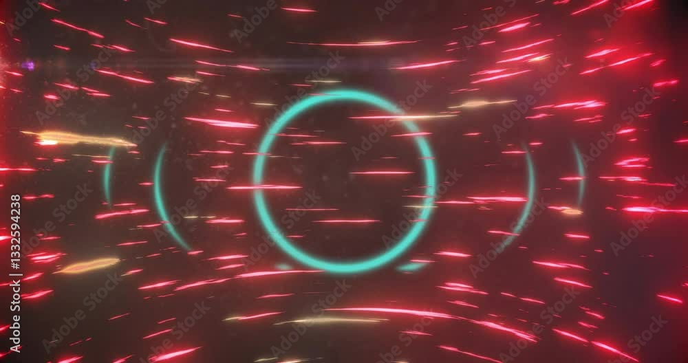 Poster animating glowing red and teal circular patterns, creating dynamic light trails
