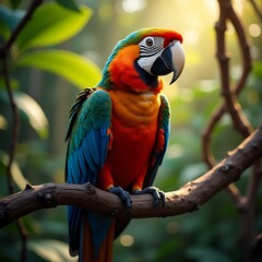 A vibrant parrot perched on a tropical tree branch, surrounded by lush greenery and colorful flowers, with a bright blue sky in the background.