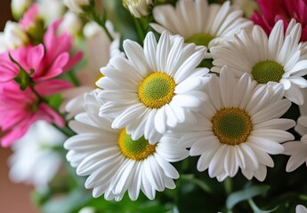 Fototapeta premium Beautiful white daisies surrounded by vibrant pink flowers in a bright floral arrangement showcasing natural beauty and fresh blooms for gardening lovers