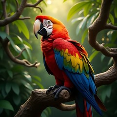 A vibrant parrot perched on a tropical tree branch, surrounded by lush greenery and colorful flowers, with a bright blue sky in the background.