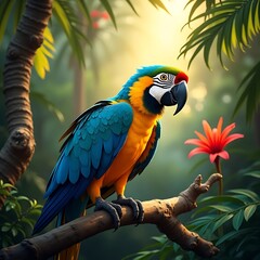 A vibrant parrot perched on a tropical tree branch, surrounded by lush greenery and colorful flowers, with a bright blue sky in the background.