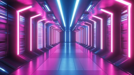 Fototapeta premium Vibrant neon hallway creates a futuristic atmosphere in a modern setting at night
