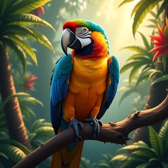 A vibrant parrot perched on a tropical tree branch, surrounded by lush greenery and colorful flowers, with a bright blue sky in the background.