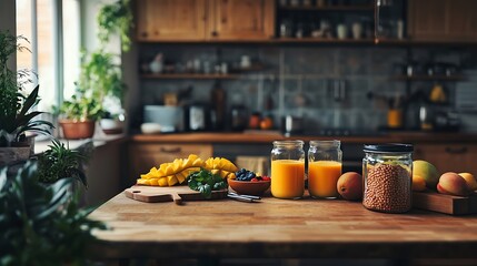 Healthy eating themes tropical fruits mango smoothie juice and fruit in drinking glass and jar on wooden table in rustic kitchen