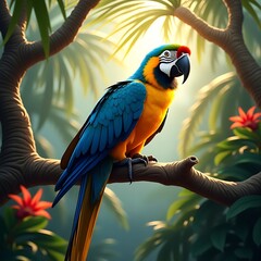 A vibrant parrot perched on a tropical tree branch, surrounded by lush greenery and colorful flowers, with a bright blue sky in the background.