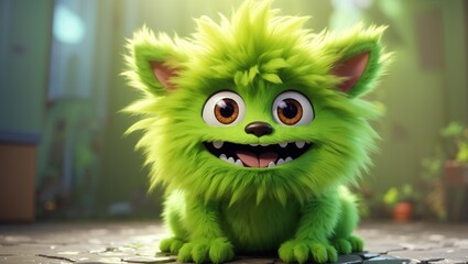 Bright green, fuzzy cartoon monster.