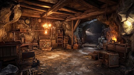 Fototapeta na wymiar A Mysterious Mountain Cave Workshop: An Enigmatic Artisan's Haven