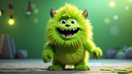 Bright green, fuzzy cartoon monster.