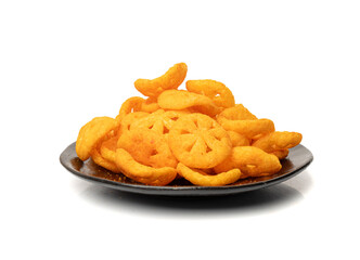 Corn puff snack isolated, crunchy cereal nosh, crispy yellow rice breakfast with paprika