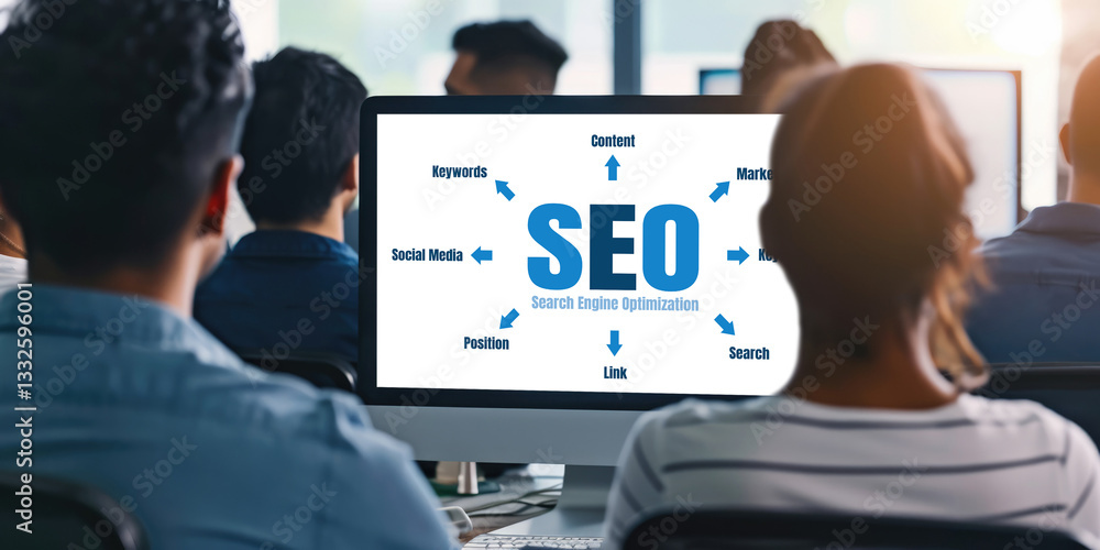 Poster seo search engine optimization for brisk e-commerce and online retail business showing on computer s