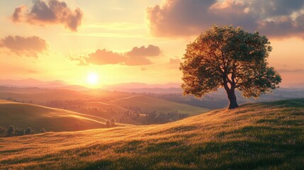 Obraz premium Sunrise over rolling hills and a meadow with a single tree