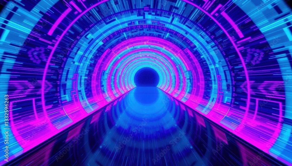 Poster exploring a hyperspace tunnel: infinite journey through turquoise and fuchsia colors
