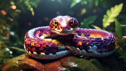Colorful Coiled Snake in Greenery.