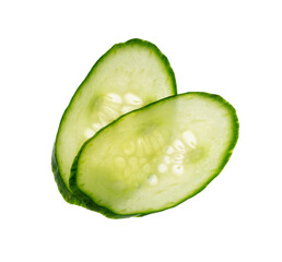 Cucumber cut isolated, cucumber round slices macro, green vegetable cuts for salad isolated, fresh pieces