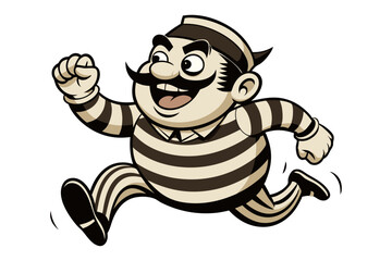 Vintage Escaping Prisoner Cartoon Vector – Black and White Illustration