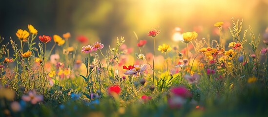 A vibrant meadow of wildflowers bathed in the soft glow of sunrise, with petals gently swaying under the warm sunlight.