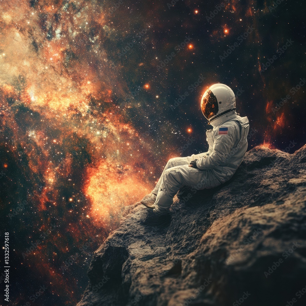 Poster astronaut gazes at distant galaxies from rocky surface in outer space during serene cosmic explorati