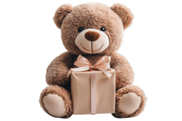 Teddy bear toy with present, isolated for design work, cut out transparent