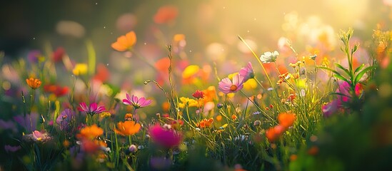 A vibrant meadow of wildflowers bathed in the soft glow of sunrise, with petals gently swaying under the warm sunlight.