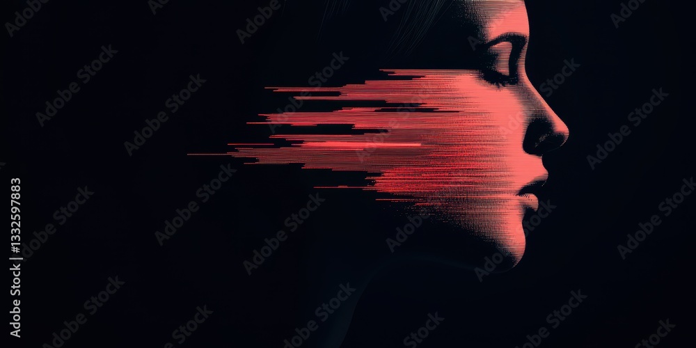 Poster dynamic motion depiction of a woman's profile abstract art digital creation dark background profile 