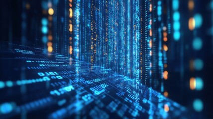 Abstract digital world map on blue background with binary code and global network connection technology concept, data transfer and cyber security in the cyberspace