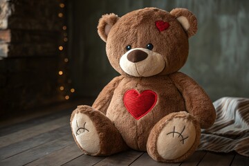 Obraz premium A Heartwarming Brown Teddy Bear, A Symbol Of Love And Comfort, Sits Patiently, Adorned With Embroidered Hearts, In Soft, Warm Lighting Against A Blurred Rustic Background